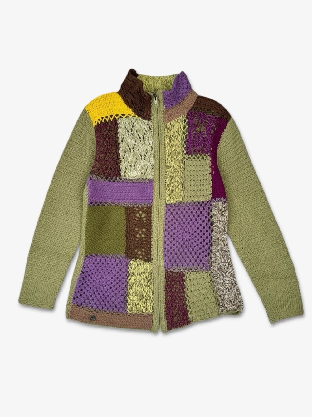 00s Crochet Patchwork Zip Up Cardigan Sz S Green Mock Neck Granola Cabin Cottage